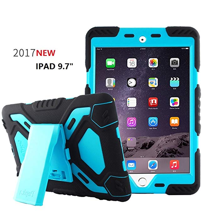 New iPad 9.7 inch 2017/2018 iPad 9.7 Case, Bpowe Heavy Duty Cover Case Silicone Plastic Dual Layer Shock Proof Drop Proof Dust Proof Kids Proof With Kickstand for Apple iPad 9.7 inch 2017/2018 (Black/Blue)