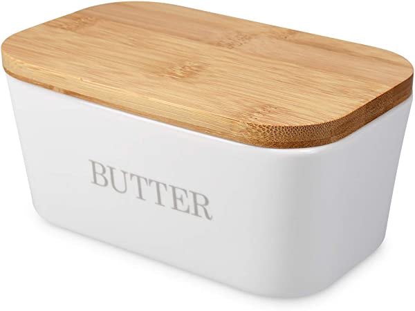 Navaris Butter Dish with Lid - Ceramic Butter Holder with Airtight Wooden Lid - Butter Container with Bamboo Wood Cover - Cream Colour with Word Print