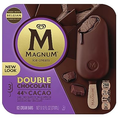 Magnum Ice Cream Bars For an Indulgent Frozen Treat Double Chocolate Made with Belgian Chocolate, 44% Cacao 9.12 oz 3 Count