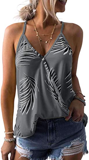 Dokotoo Womens V Neck Camisole Leaf Print Tanks Tops and Blouse S-XXL