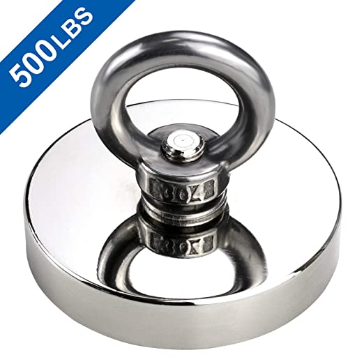 500LBS Pulling Force(227 killogram) Super Powerful Round Neodymium Magnet with Countersunk Hole and Eyebolt Diameter 2.36INCH(60mm) for Retrieving in River and Magnetic Fishing