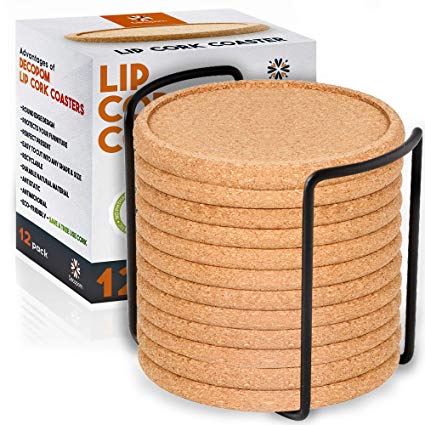 Cork Coasters with Lip for Drinks Absorbent | 12 Set 4 Inch Thick Rustic Saucer with Metal Holder Eco-Friendly, Heat & Water Resistant | Best Reusable Natural Round Coasters for Bar Glass Cup Table