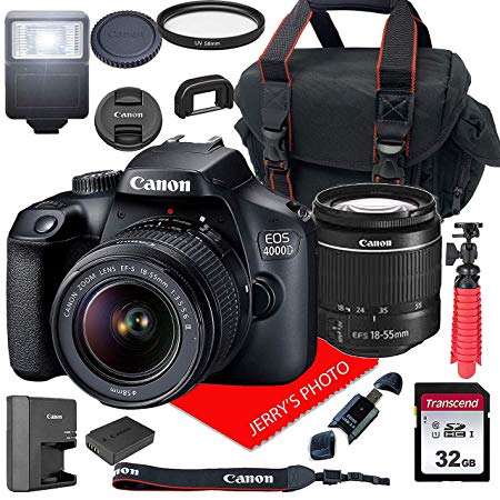 Canon EOS 4000D / Rebel T100 DSLR Camera w/Canon EF-S 18-55mm F/3.5-5.6 III Zoom Lens   Case   32GB SD Card (15pc Bundle)