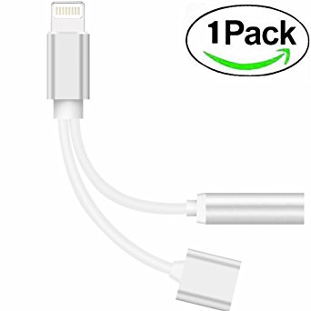 2 in 1 Lightning Adapter (Silver)(1pack),OLINKIT 2 in 1 Lightning to 3.5mm Aux Headphone Jack and Charger Cable adapter for iphone 7 plus(ios 10.3)