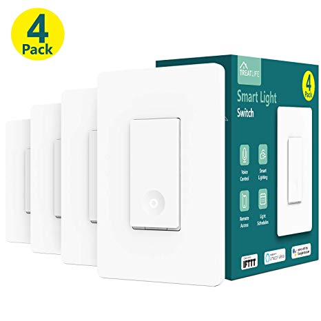 Smart Light Switch, Treatlife 2.4Ghz Smart Switch Wi-Fi Light Switch, Neutral Wire Required, Works with Alexa, Google Assistant and IFTTT, Single-Pole, Schedule, Remote Control, ETL Listed, 4 PACK