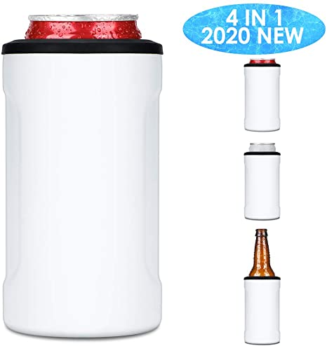 2020 New Slim Can Cooler, 4 in 1 Slim Can Coozie, Insulated Beer Holder, Double-walled Stainless Steel Skinny Can Coozie for 12oz Slim & Short Cans, Beer Bottles & As Drink Cup, White