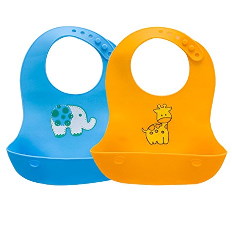 [2 Pack] Silicone Bibs, iKuboo Portable Foldable Silicone Baby Bibs with Pocket for Babies and Toddler-Blue & Orange