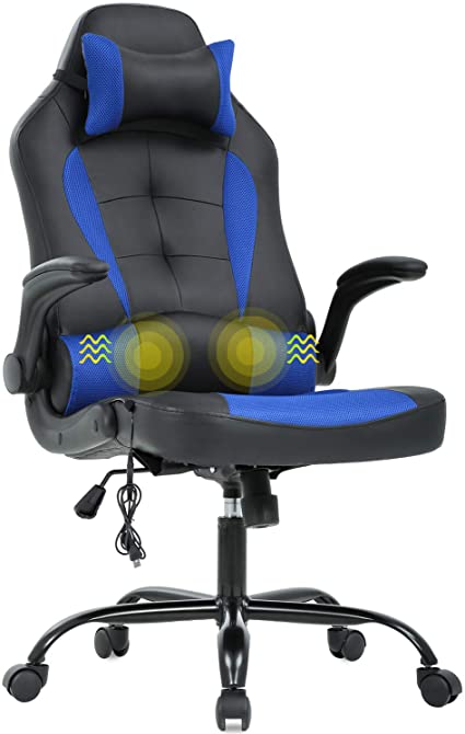 Gaming Chair Office Chair Desk Chair Massage Ergonomic Executive PU Leather Computer Chair with Lumbar Support Headrest Armrest Task Rolling Swivel Racing Chair for Women Adults, Blue