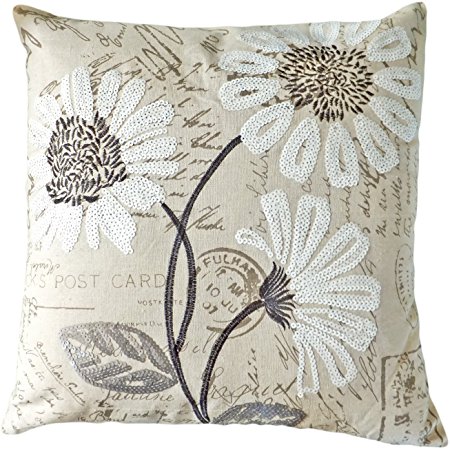 HOMETALE ® White Sequins Daisy Floral Decorative Throw Pillow Cover 18"