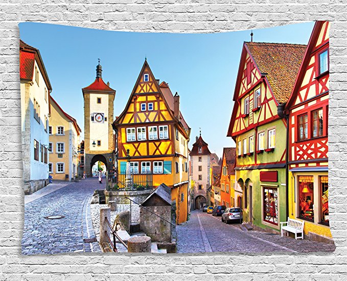 Ambesonne German Tapestry, Rothenburg ob der Tauber Bavaria Germany Famous Street with Colorful Classic Houses, Wall Hanging for Bedroom Living Room Dorm, 60 W X 40 L Inches, Multicolor