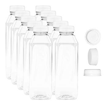 12 oz Empty Juice Bottles Reusable Clear Plastic Disposable Milk Containers with White Tamper Proof Caps Set of 10