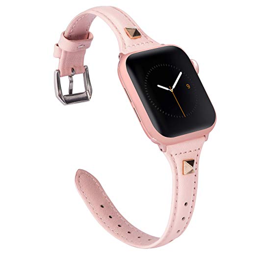 Wearlizer Rose Pink Slim Leather Compatible with Apple Watch Band 42mm 44mm Womens iWatch Womens Leisure Thin Strap Replacement Sport Wristband Cute Bracelet with Silver Clasp Series 4 3 2 1 Edition