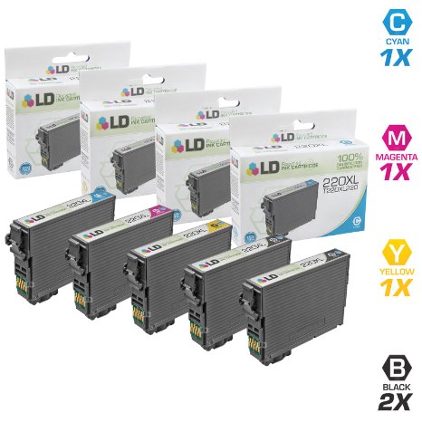 LD  Remanufactured Epson 220XL Set of 5 HY Ink Cartridges Includes 2 T220XL120 Black 1 T220XL220 Cyan 1 T220XL320 Magenta and 1 T220XL420 Yellow