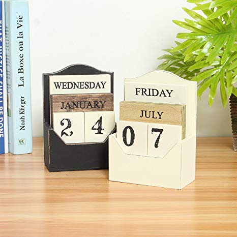 CAVEEN Vintage Wooden Block Perpetual Calendar Desk Accessory Retro Chic Rustic Any Year / Month / Day Block Calendar For Home Office Decoration White