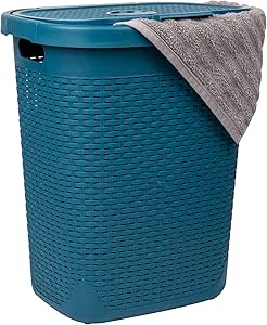 Mind Reader 50L Slim Laundry Hamper, Clothes Basket, Lid, Wicker Design, Plastic, 17.65"L x 13.75"W x 21"H, Blue