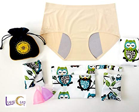 Luna Cup Period Starter Kit 8 pcs Set- 1 Small 1 Large Menstrual Cup 1 small Pouch 3 Cloth Pads for Women 1 Wet Bag 1 Period Underwear(8 pcs Set)