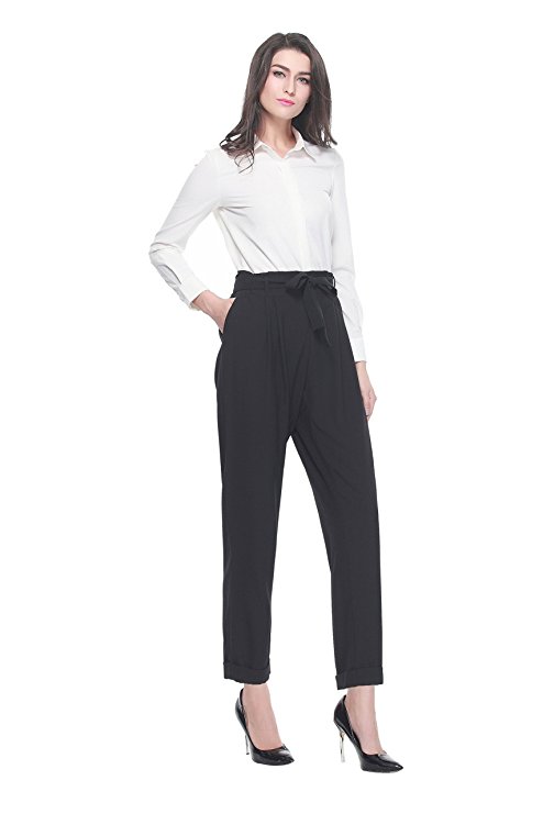 Cityoung Women's Tie Cosure Elasticized Waist Ankle-length Cropped Pants