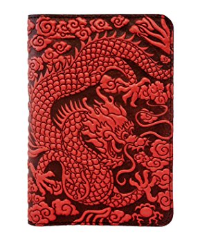 Oberon Design Cloud Dragon Pocket Notebook Cover | Fits 5.5 x 3.5 Notebooks, Embossed Leather, Red | Made in the USA