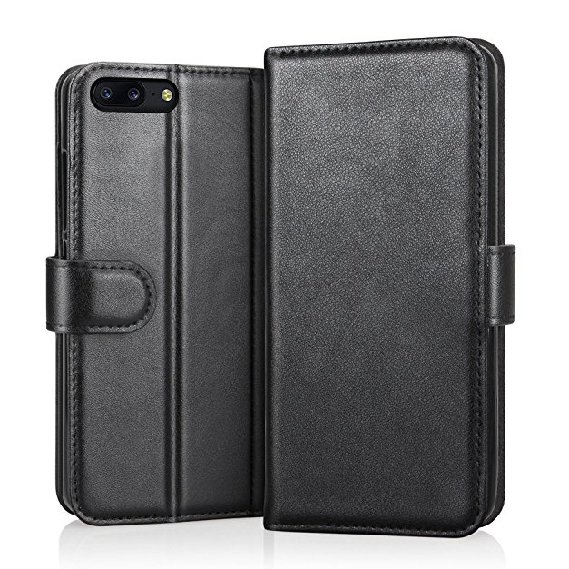 OnePlus 5 Case, Riffue Premium Genuine Leather Flip Folio Wallet Design Protective Flap Book Cover with Magnetic Closure and Card Slot for OnePlus 5 - Black