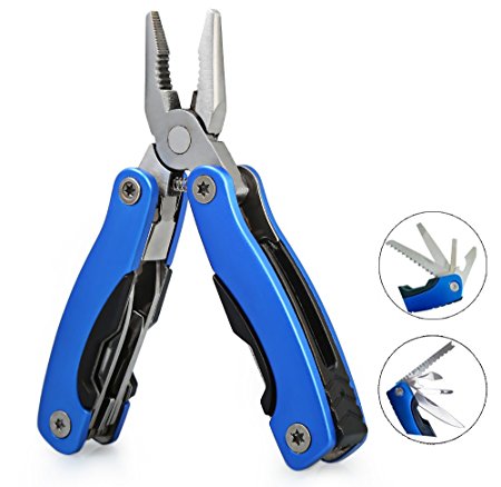 DINOKA 15 in 1 Multifunctional Pliers -Pocket Knife -Folding Pocket Emergency Survival Set with Saw Sharp Knife Wire Cutter Pliers Sheath Multipurpose Survival Camping Fishing Hiking Car Tool-Blue