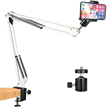 Overhead Tripod Mount Articulating Arm,Cell Phone Holder, Video Webcam Stand Lazy Desk Arm Clamp Accessory for Video Recording Live Stream (White)