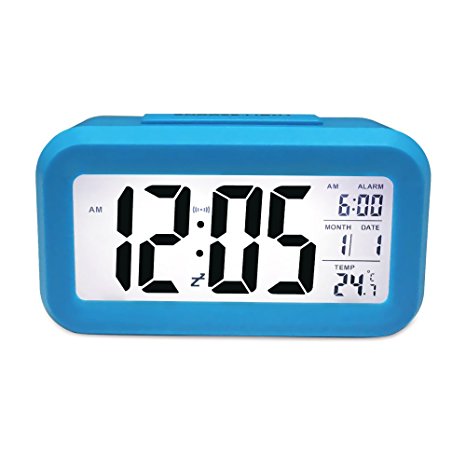 TOMTOO Alarm Clock Slim Digital Clock Large Display Travel Alarm Clock with Calendar & Large Display and Smart Night Light(White backlight) Lcd Home Alarm Clock (Blue)
