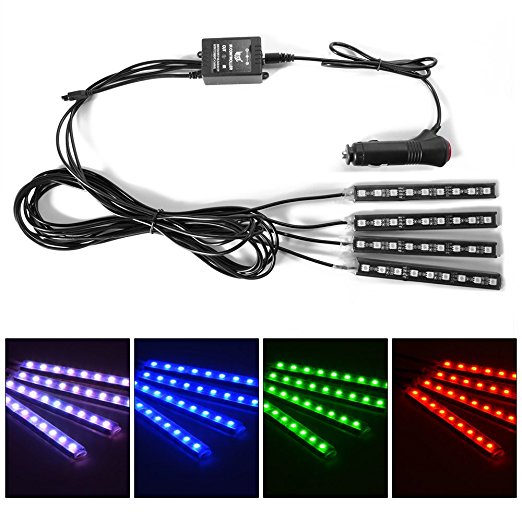 XCSOURCE 4pcs 8 Color LED Interior Footwell Lighting Kit, Interior Atmosphere Neon Lights Strip for Car With Music Active Function and IR Remote Control MA750