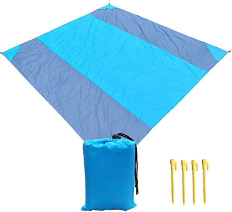 10'X 9' Extra Large Beach Blanket Quick Drying, Outdoor Picnic Blanket for 3-9 Adults, Sandproof Waterproof Portable Picnic Beach Mat with 4 Stakes & 4 Corner Sand Pockets, Packable w/Bag (Blue)