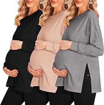 Ekouaer Womens 3 Packs Maternity Shirts Long Sleeve Side Ruched Pregnancy Tee Workout Top Tunic Blouse Mama Clothes