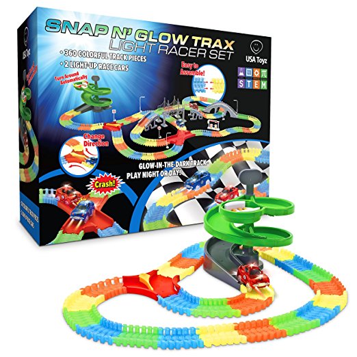 CYBER MONDAY! Toy Car Glow Race Track - 360-Pc. “Snap N’ Glow Trax” Flexible Glow in the Dark Race Tracks with 2 Electric Light Up Toy Cars