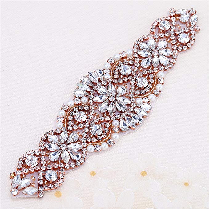 Beaded Applique with Rhinestones and Pearls for Wedding Sash or Head 3 Colors-1 Piece(6.1”2”in) (Rose Gold-2)