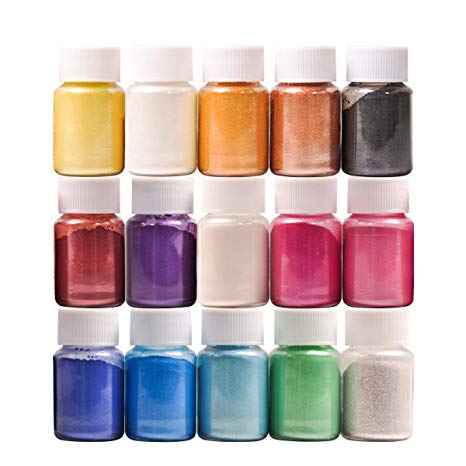Mica Powder, 15 Colors Pearl Powder Resin in Bottle, Pigment Supplies for Paint/Soap Making/Bath Bomb DIY/Candle Making/Artist/Craft Projects/Fine Arts