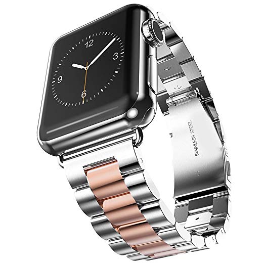 U191U Band Compatible with Apple Watch 42mm Stainless Steel Wristband Metal Buckle Clasp iWatch Strap Replacement Bracelet for Apple Watch Series 3/2/1 Sports Edition (Silver/Rose Gold, 42MM)
