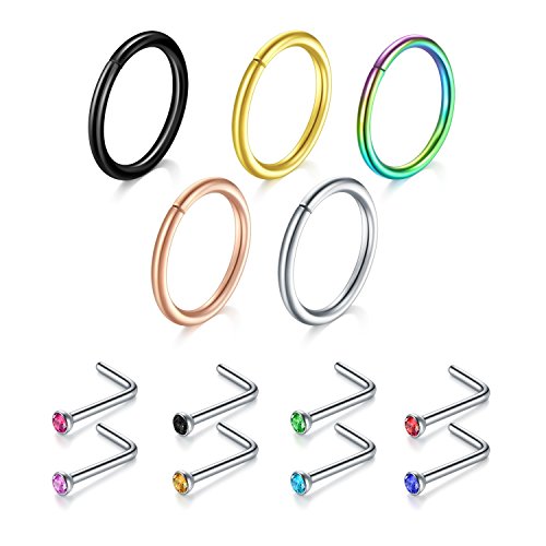 Nose Studs Ring, 5PCS-13PCS 18G 316L Surgical Stainless Steel Incaton Body Jewelry Piercing L Shaped Ring