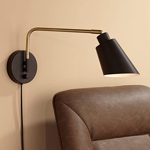Nanaimo Bronze and Antique Brass Plug-in Swing Arm Wall Lamp - 360 Lighting
