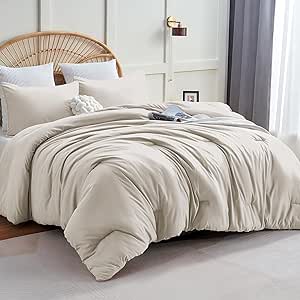 CozyLux Beige Comforter Set Queen Size, 3 Pieces Boho Solid Breathable Quilted Style Bedding Sets, Luxury Fluffy Soft Microfiber Comforter for All Season(1 Comforter & 2 Pillowcases)