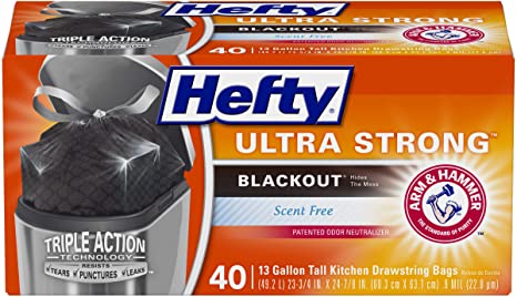 Hefty Ultra Strong Tall Kitchen Trash Bags, Blackout, Unscented, 13 Gallon, 40 Count