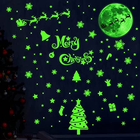 146 Pieces Christmas Glow in The Dark Stickers Christmas Wall Stickers Reindeer Santa Claus Stars Snowflakes for Merry Christmas Theme Party Decorations (Green)