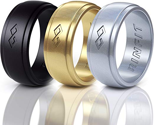 Rinfit Men's Silicone Wedding Ring 1 or 3 Rings Pack. Designed, Safe & Soft Men Silicon Rubber Wedding Ring. Size 7-14. Metallic Colors.