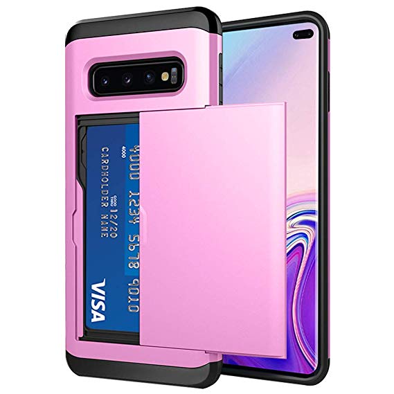 Samsung Galaxy S10 Plus Case, Wallet Credit Card ID Slot Holder Dual Layer Hidden Pocket Sliding Cover Soft TPU Hard PC Hybrid Shockproof Protective Case (Pink)
