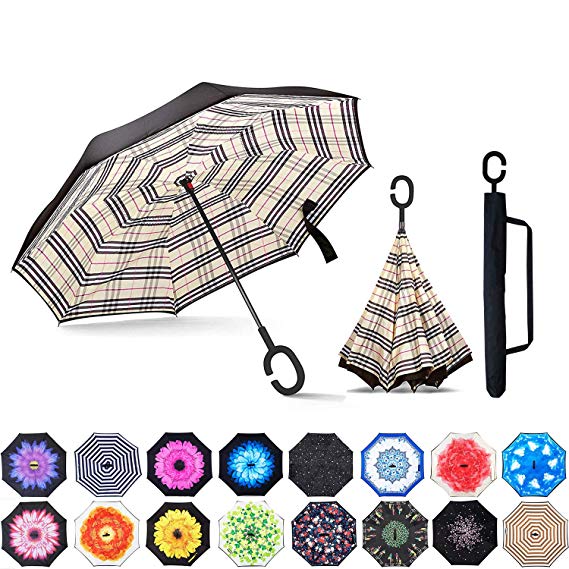 ABCCANOPY Inverted Umbrella,Double Layer Reverse Windproof Teflon Repellent Umbrella for Car and Outdoor Use, UPF 50  Big Stick Umbrella with C-Shaped Handle