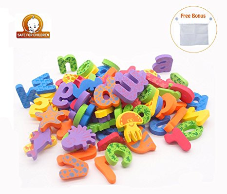 Kids Bath Toys w/ Suction Mesh Organizer Bag - Pack of 84 pcs- Baby Educational Numbers Bathroom Alphabet Toys - Hie Non-toxic EVA Letters Sea Animals Numbers
