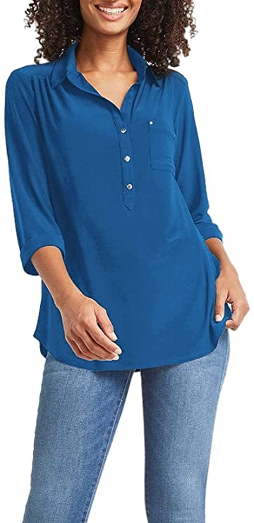 Women's Casual Tops Long Sleeve Pearls Beaded Button Down Shirts with Front Pocket