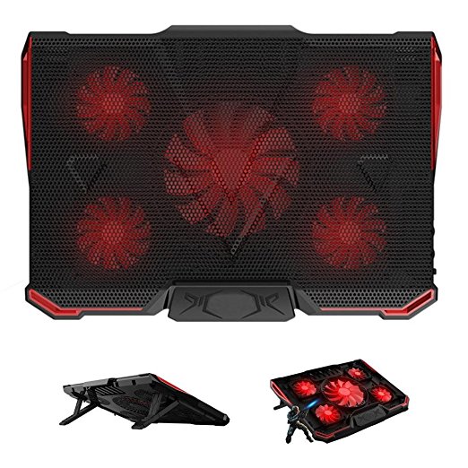 TechVibe Laptop Cooling Pad For 12"-17" Laptops, Gaming Cooling Pad, 5 Quiet Fans, LED Lights, and 2 USB 2.0 Ports, Adjustable Stand Mount, 2017 Model