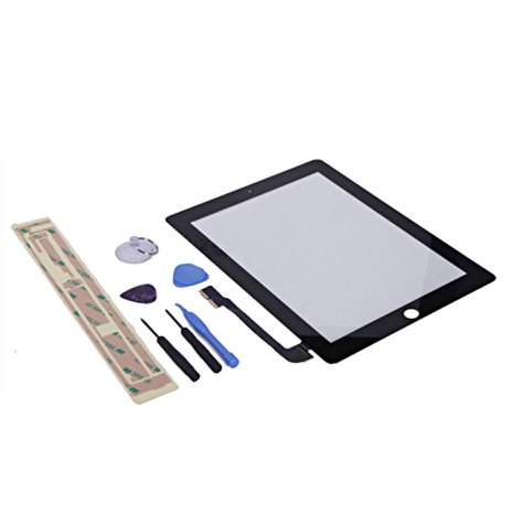 HDE Replacement Front Glass Digitizer Touch Screen   Screwdriver Pry Tool Kit   Adhesive Tape for iPad 4 (Black)