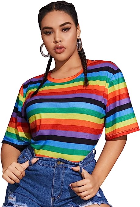 Milumia Women's Plus Size Tee Rainbow Striped Crewneck Half Sleeve T Shirt Top