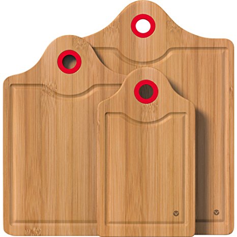 Vremi 3 Piece Bamboo Cutting Board Set - Wood Carving and Chopping Boards for Countertop with Colored Silicone Handle and Lip Edge - Small Medium and Large - Premium Organic Antimicrobial Bamboo - Red