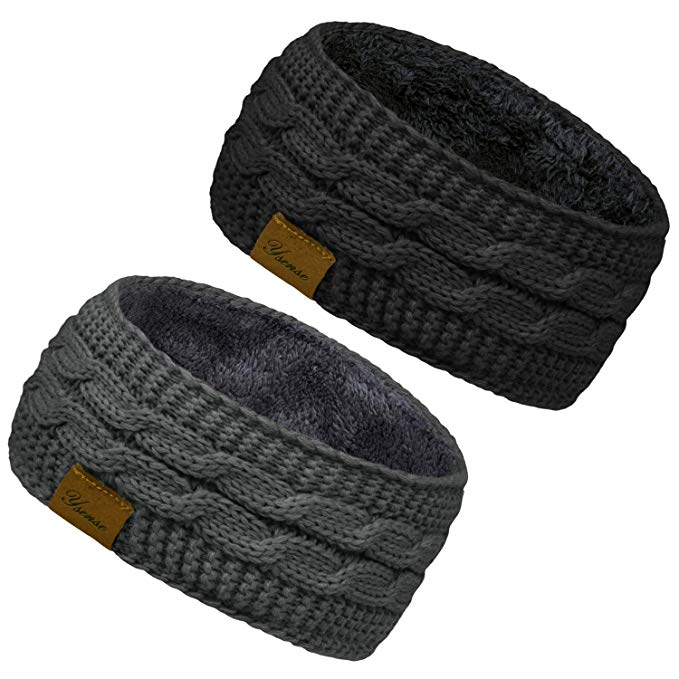 2 Pack Ear Warmer Headband Women Winter Cable Knit Headband Twist Fuzzy Fleece Lined