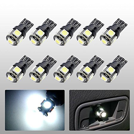 194 LED Light bulb Interior Lights for W5W 194 168 2825 T10 Wedge 5-smd 5050, Replacement and Reverse T10 White Bulbs (Pack of 10)- White
