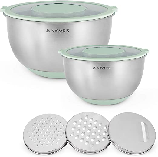 Navaris Stainless Steel Mixing Bowls and Graters - Set of 2 Mixing Bowls with Lids and 3 Graters - 1.4, 4.7L Baking Bowls with 3 Types of Graters